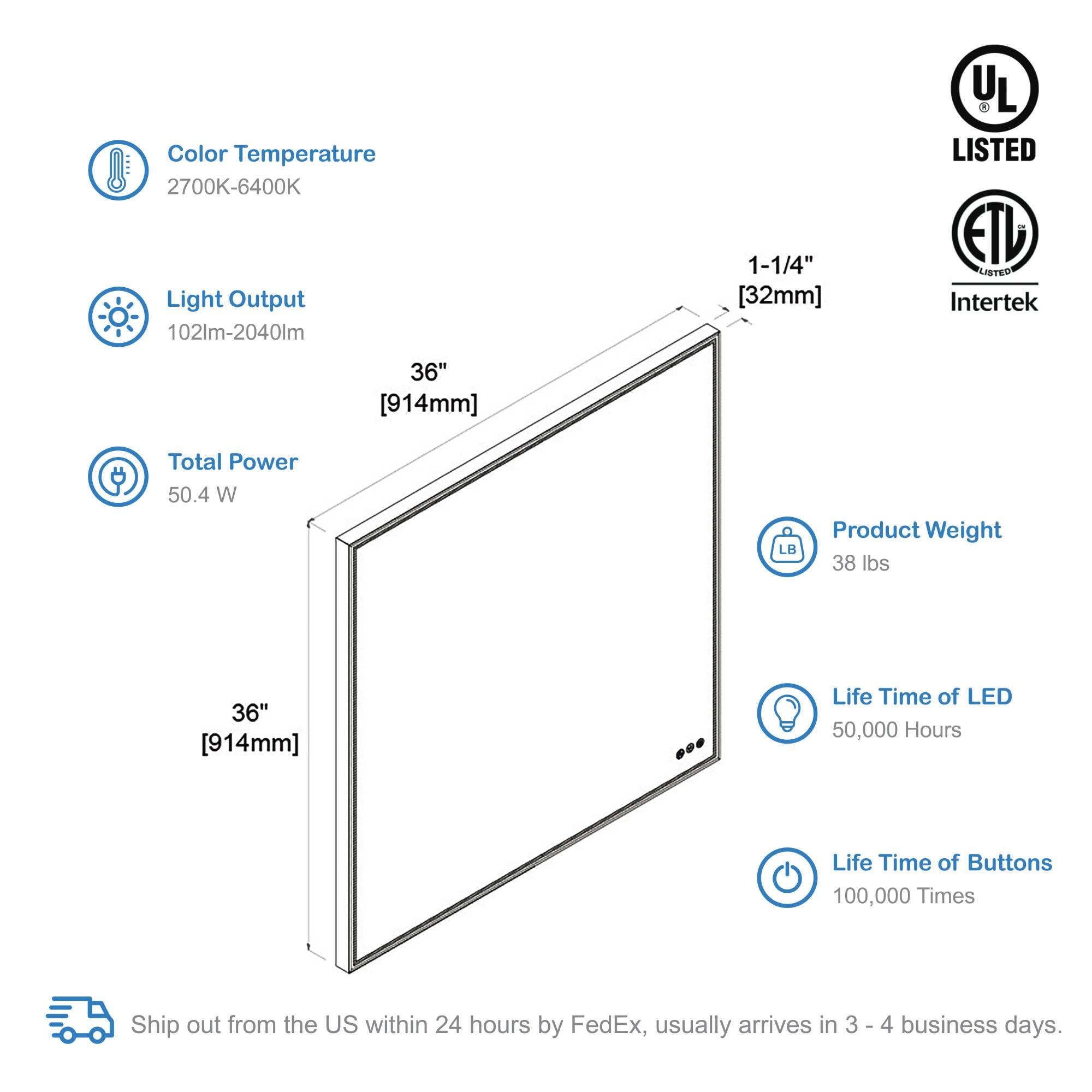 Blossom Luxury 36 Inch Square Gold Framed Bathroom Mirror with Lights - Dual Light LED Source - High CRI Dimmable Vanity Mirror - Hardwired Anti-Fog Tempered Glass Mirror for Master Suite - Image 9