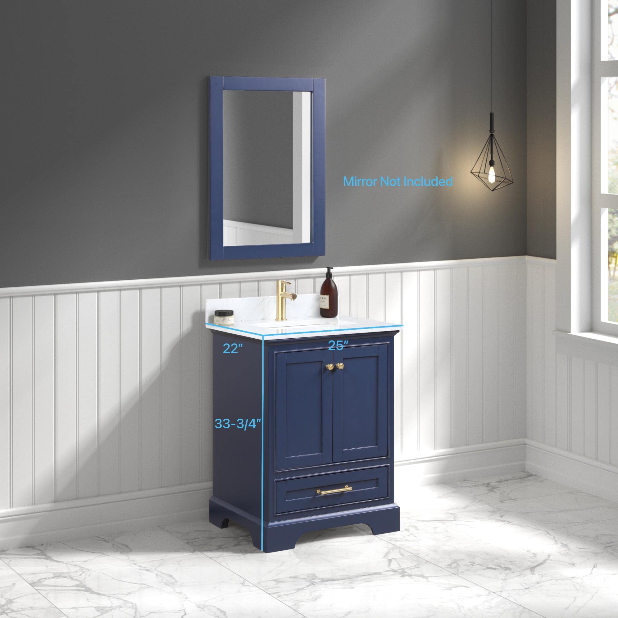 Blossom 24 Inch Bathroom Vanity with Sink, Navy Blue – Solid Wood Cabinet with Marble Countertop and Ceramic Undermount Sink, Single Sink Freestanding Vanities for Modern Small and Large Bathrooms - Image 3