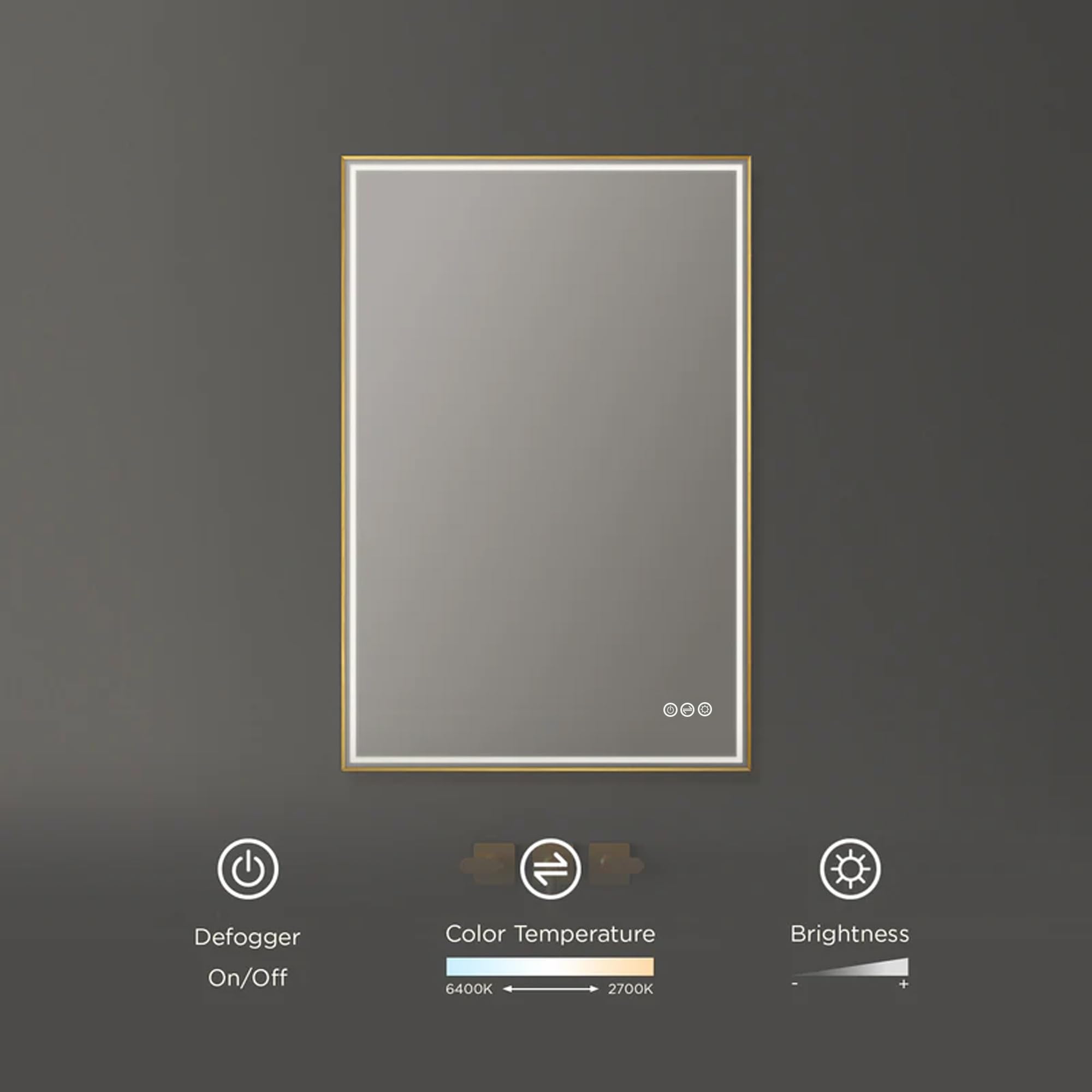 Blossom 24"x 36" LED Bathroom Mirror with Lights, Dimmable, Anti-Fog, Front Lit, Backlit, Lighted Wall Mounted Rectangle for Vanity Makeup Memory Function, Tempered Glass with Brushed Gold Frame - Image 3