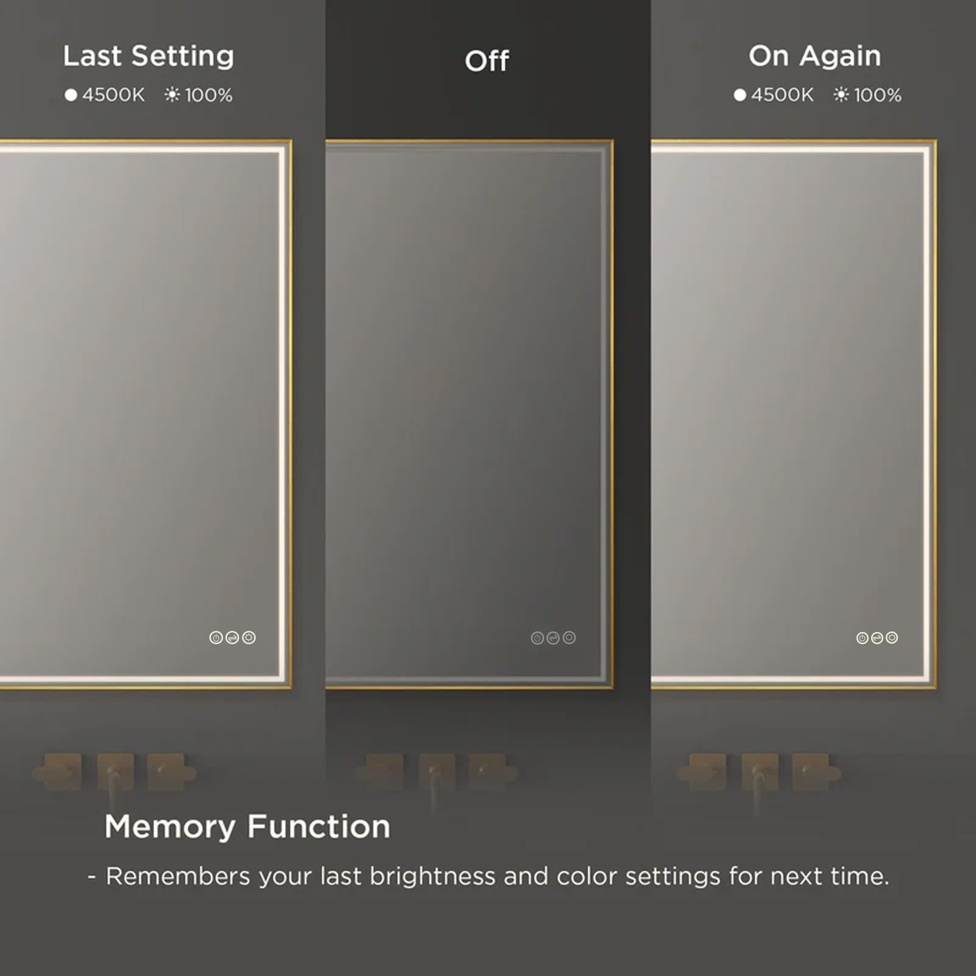 Blossom 24"x 36" LED Bathroom Mirror with Lights, Dimmable, Anti-Fog, Front Lit, Backlit, Lighted Wall Mounted Rectangle for Vanity Makeup Memory Function, Tempered Glass with Brushed Gold Frame - Image 4