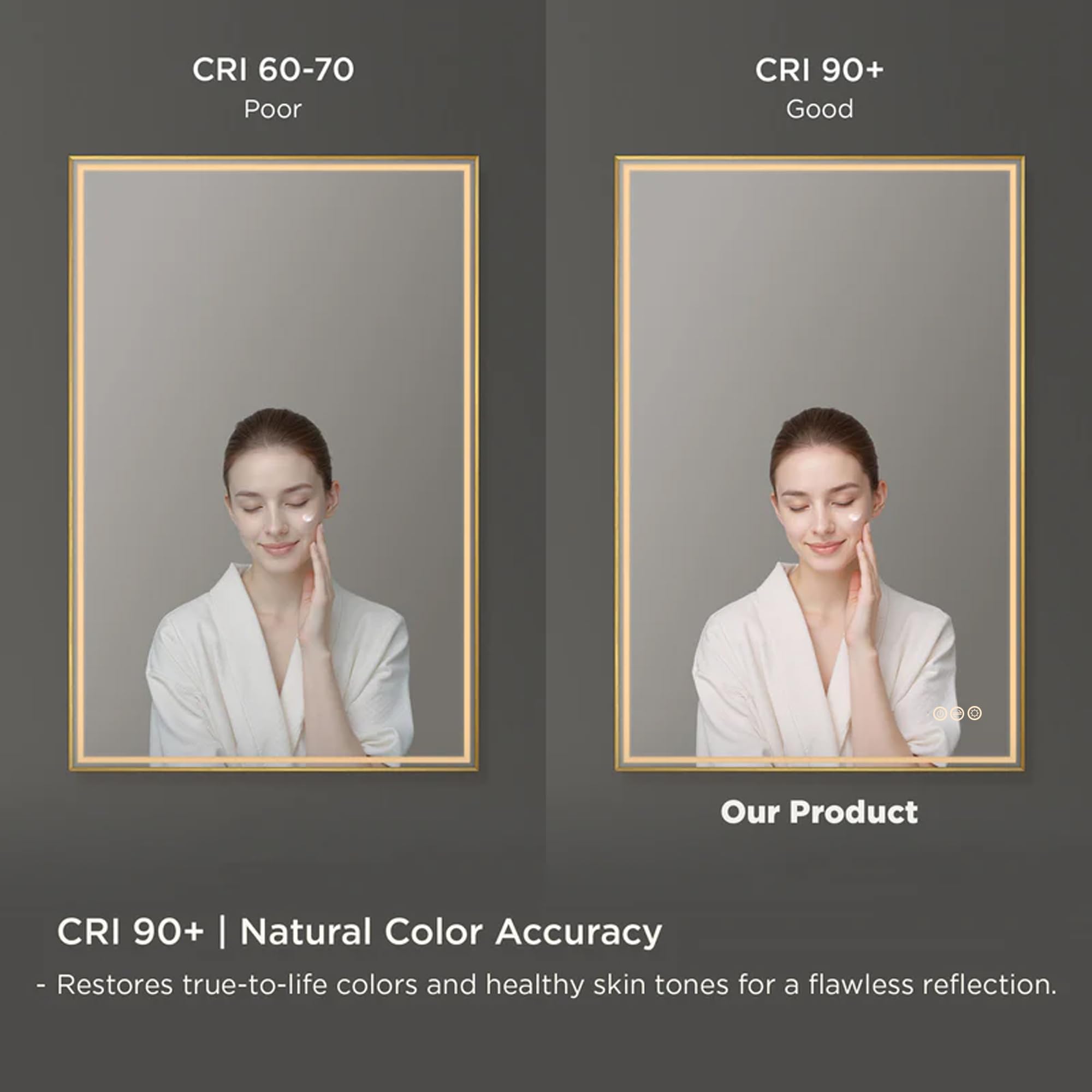 Blossom 24"x 36" LED Bathroom Mirror with Lights, Dimmable, Anti-Fog, Front Lit, Backlit, Lighted Wall Mounted Rectangle for Vanity Makeup Memory Function, Tempered Glass with Brushed Gold Frame - Image 6