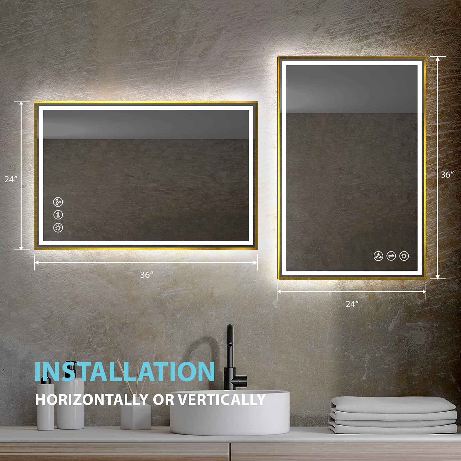 Blossom 24"x 36" LED Bathroom Mirror with Lights, Dimmable, Anti-Fog, Front Lit, Backlit, Lighted Wall Mounted Rectangle for Vanity Makeup Memory Function, Tempered Glass with Brushed Gold Frame - Image 7