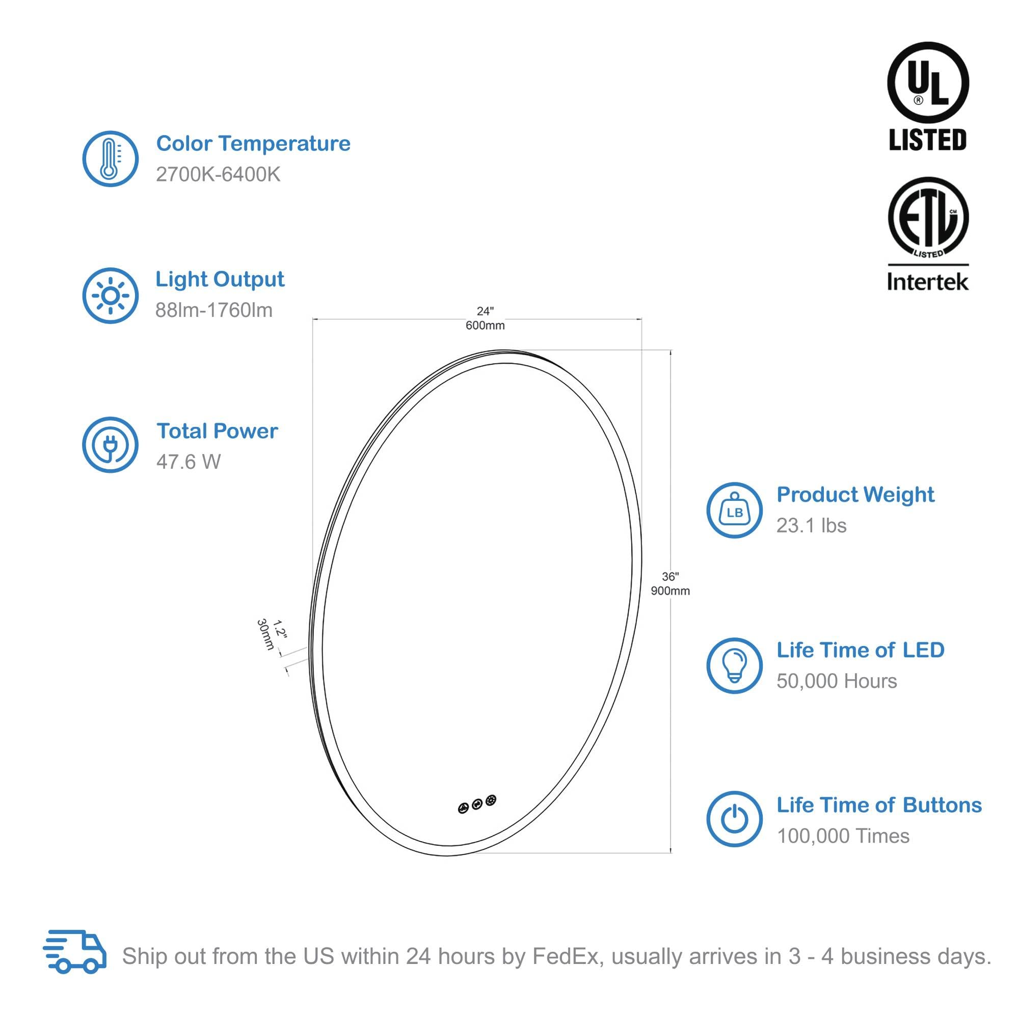Blossom 24'' x 36'' LED Mirror for Bathroom Lighted Vanity Mirror for Wall Front Lights & Backlit LED Bathroom Mirror Anti-Fog Tempered Glass ETL Listed, Wall Mounted LED Vanity Mirror - Image 7
