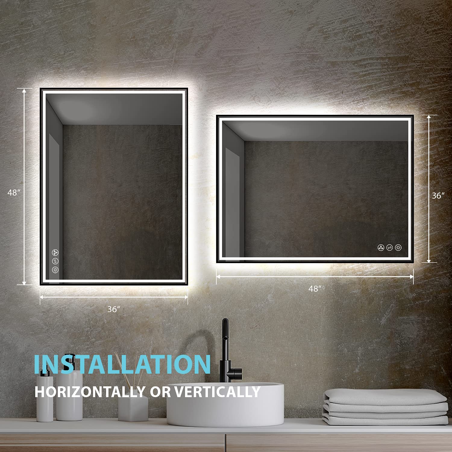 Blossom 48"x 36" LED Bathroom Mirror with Lights, Dimmable, Anti-Fog, Front Lit, Backlit, Lighted Wall Mounted Rectangle for Vanity Makeup Memory Function, Tempered Glass with Matte Black Frame - Image 8