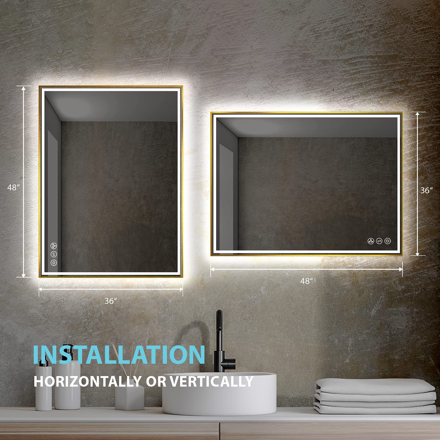 Blossom 48"x 36" LED Bathroom Mirror with Lights, Dimmable, Anti-Fog, Front Lit, Backlit, Lighted Wall Mounted Rectangle for Vanity Makeup Memory Function, Tempered Glass with Brushed Gold Frame - Image 8