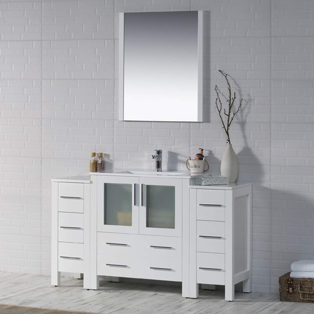 Blossom 54-Inch Solid Wood Bathroom Vanity with Ceramic Sink and Double Side Cabinets | Freestanding Vanity Sink Cabinet | Soft-Close Drawers & Tempered Glass Doors (Glossy White) - Image 3