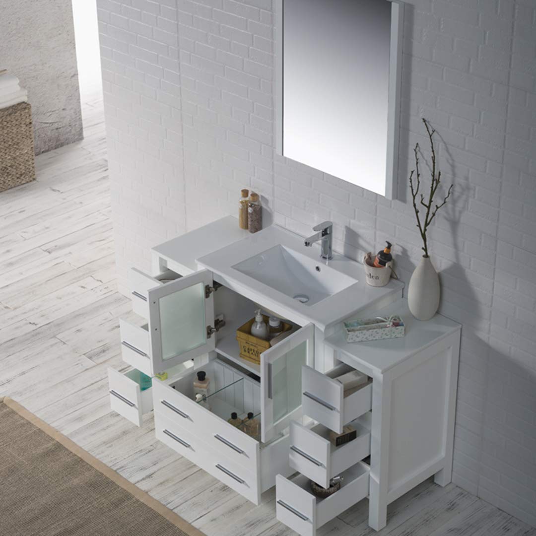 Blossom 54-Inch Solid Wood Bathroom Vanity with Ceramic Sink and Double Side Cabinets | Freestanding Vanity Sink Cabinet | Soft-Close Drawers & Tempered Glass Doors (Glossy White) - Image 4