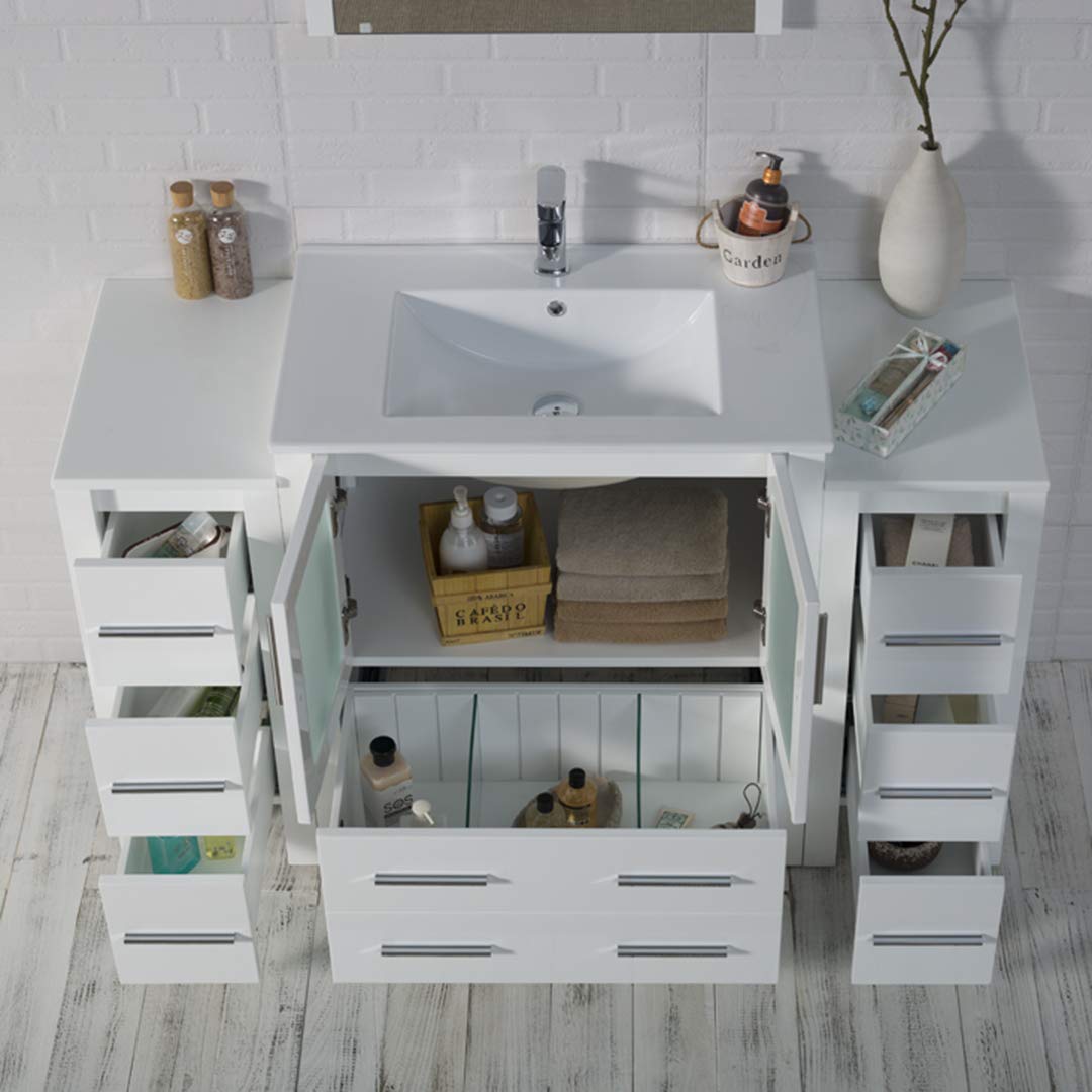 Blossom 54-Inch Solid Wood Bathroom Vanity with Ceramic Sink and Double Side Cabinets | Freestanding Vanity Sink Cabinet | Soft-Close Drawers & Tempered Glass Doors (Glossy White) - Image 7