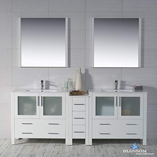 Blossom 84” Bathroom Vanity with Double Ceramic Sinks, Mirrors & Side Cabinet – Solid Wood, Soft Close Drawers, Durable Build, Modern Storage Cabinet for Small & Large Bathrooms - Glossy White - Image 5