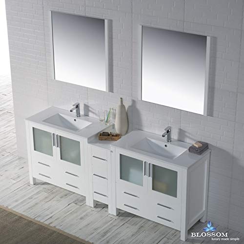 Blossom 84” Bathroom Vanity with Double Ceramic Sinks, Mirrors & Side Cabinet – Solid Wood, Soft Close Drawers, Durable Build, Modern Storage Cabinet for Small & Large Bathrooms - Glossy White - Image 6