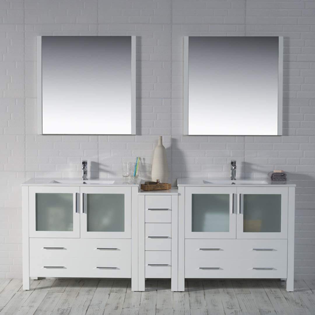 Blossom 84-Inch Solid Wood Bathroom Vanity with Double Ceramic Sink and Side Cabinet | Freestanding Vanity Sink Cabinet | Soft-Close Drawers & Tempered Glass Doors (Glossy White) - Image 3