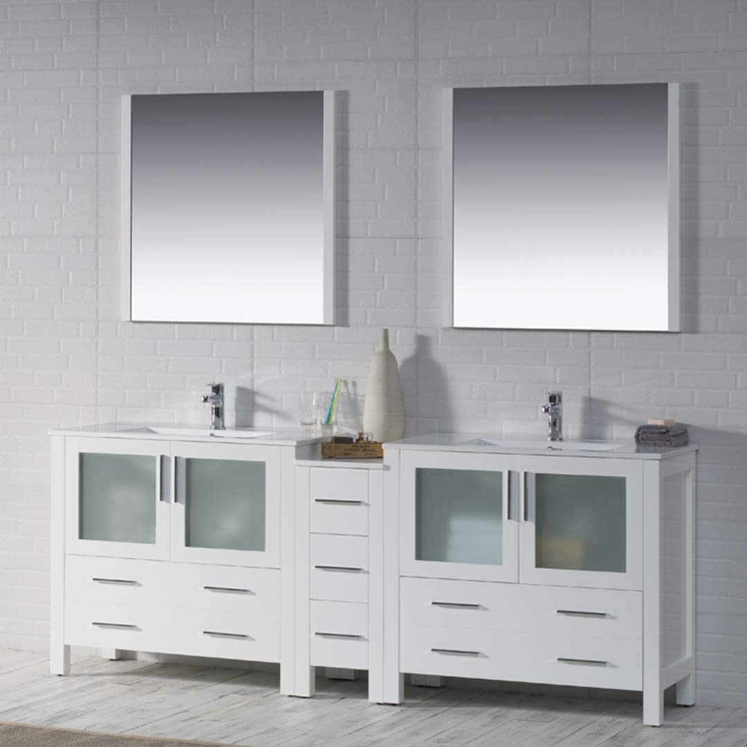 Blossom 84-Inch Solid Wood Bathroom Vanity with Double Ceramic Sink and Side Cabinet | Freestanding Vanity Sink Cabinet | Soft-Close Drawers & Tempered Glass Doors (Glossy White) - Image 4