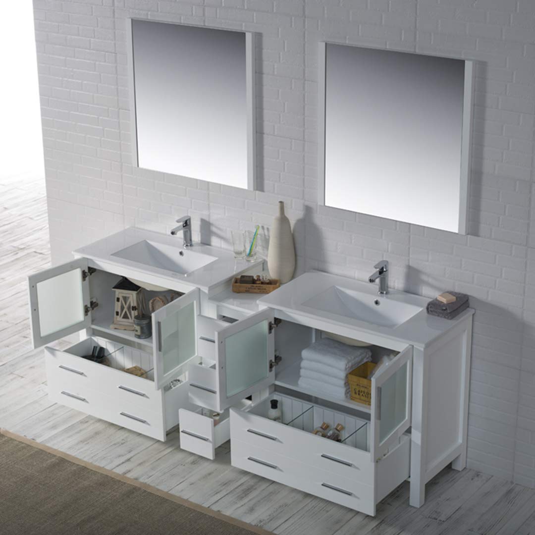 Blossom 84-Inch Solid Wood Bathroom Vanity with Double Ceramic Sink and Side Cabinet | Freestanding Vanity Sink Cabinet | Soft-Close Drawers & Tempered Glass Doors (Glossy White) - Image 5