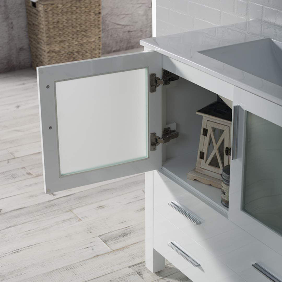 Blossom 84-Inch Solid Wood Bathroom Vanity with Double Ceramic Sink and Side Cabinet | Freestanding Vanity Sink Cabinet | Soft-Close Drawers & Tempered Glass Doors (Glossy White) - Image 8