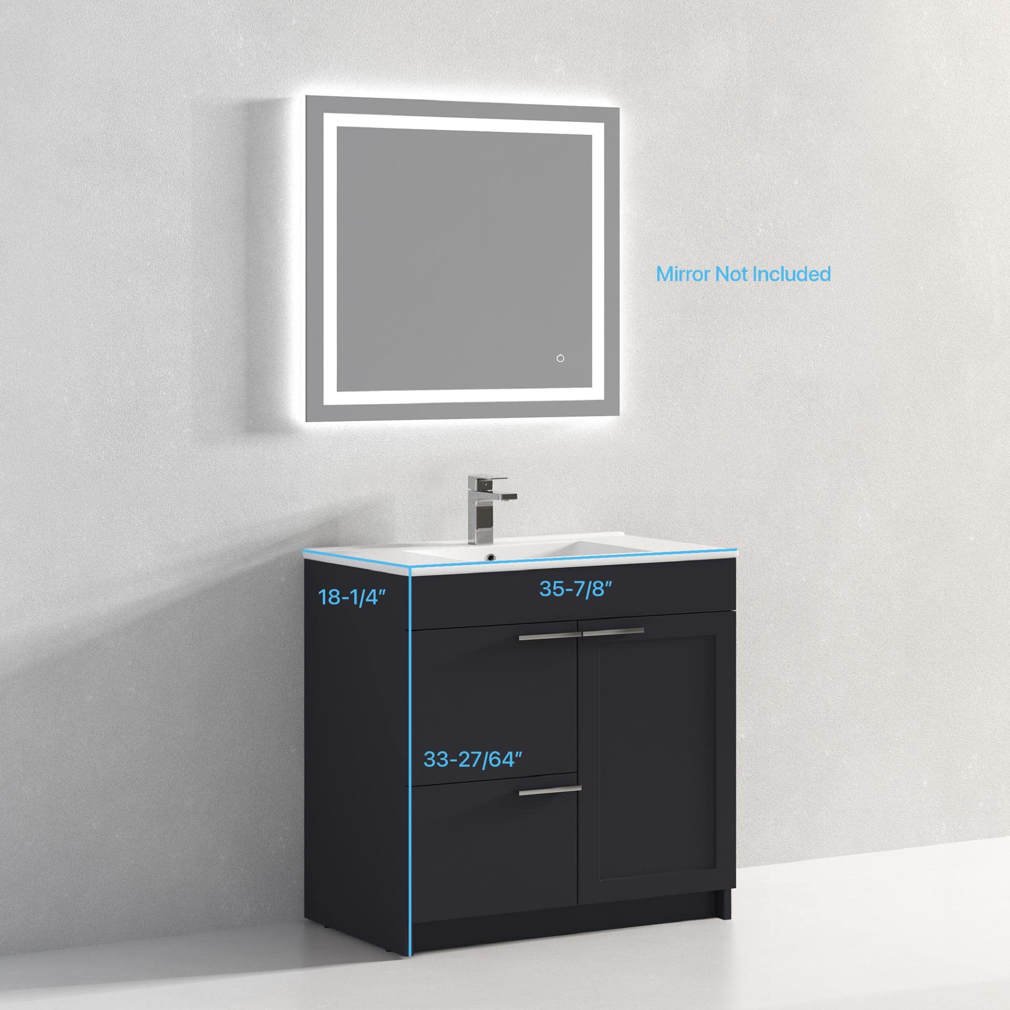 Blossom All Wood Freestanding Bathroom Vanity with Topmount Sink – Soft Close Doors, Storage Drawer - Modern Storage Cabinet with Basin for Small Space (Charcoal, 36" w/Ceramic Sink) - Image 3