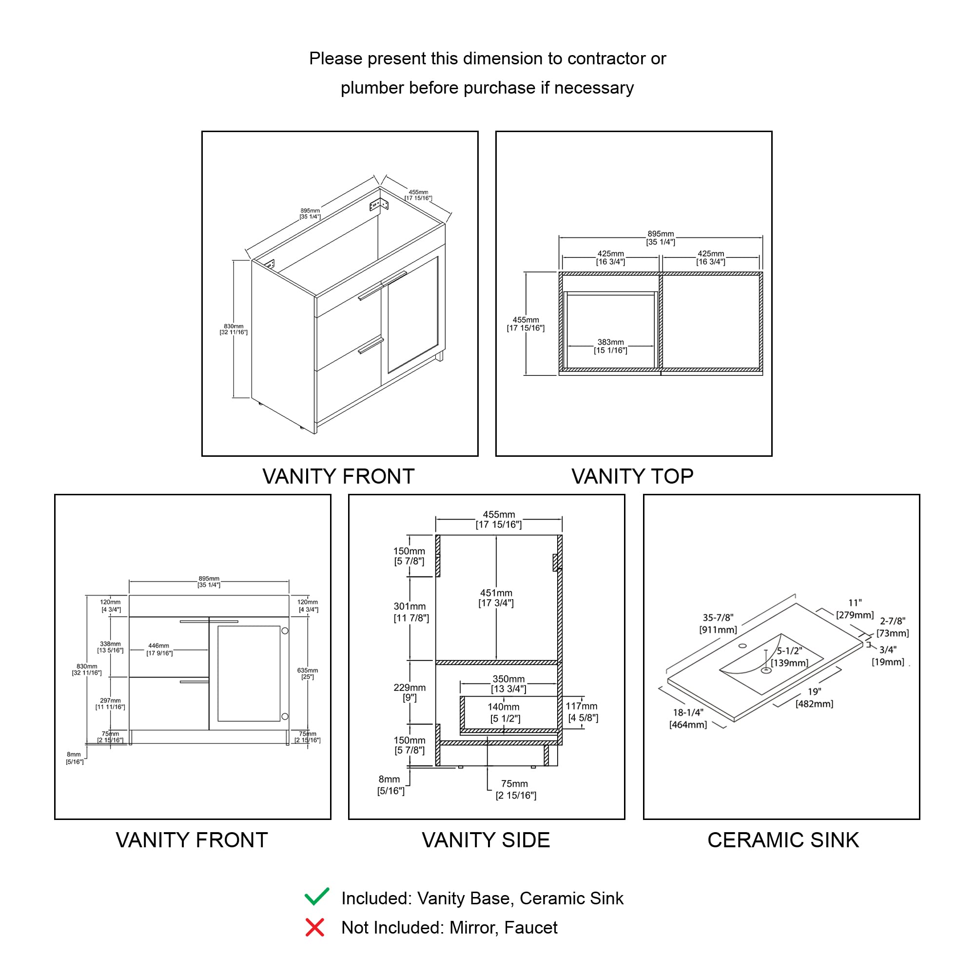 Blossom All Wood Freestanding Bathroom Vanity with Topmount Sink – Soft Close Doors, Storage Drawer - Modern Storage Cabinet with Basin for Small Space (Charcoal, 36" w/Ceramic Sink) - Image 5