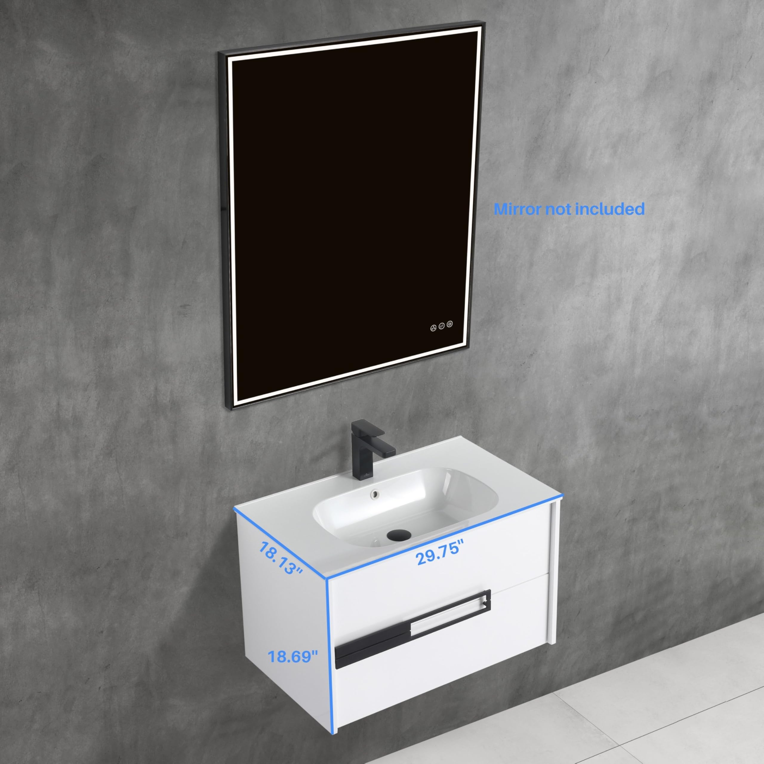 Blossom All-Wood Wall-Mounted Bathroom Vanity with SMC Sink, Floating Design with Soft-Close Drawers, Space-Saving Storage Solution for Modern Bathrooms, Glossy White - 30-Inch - Image 4