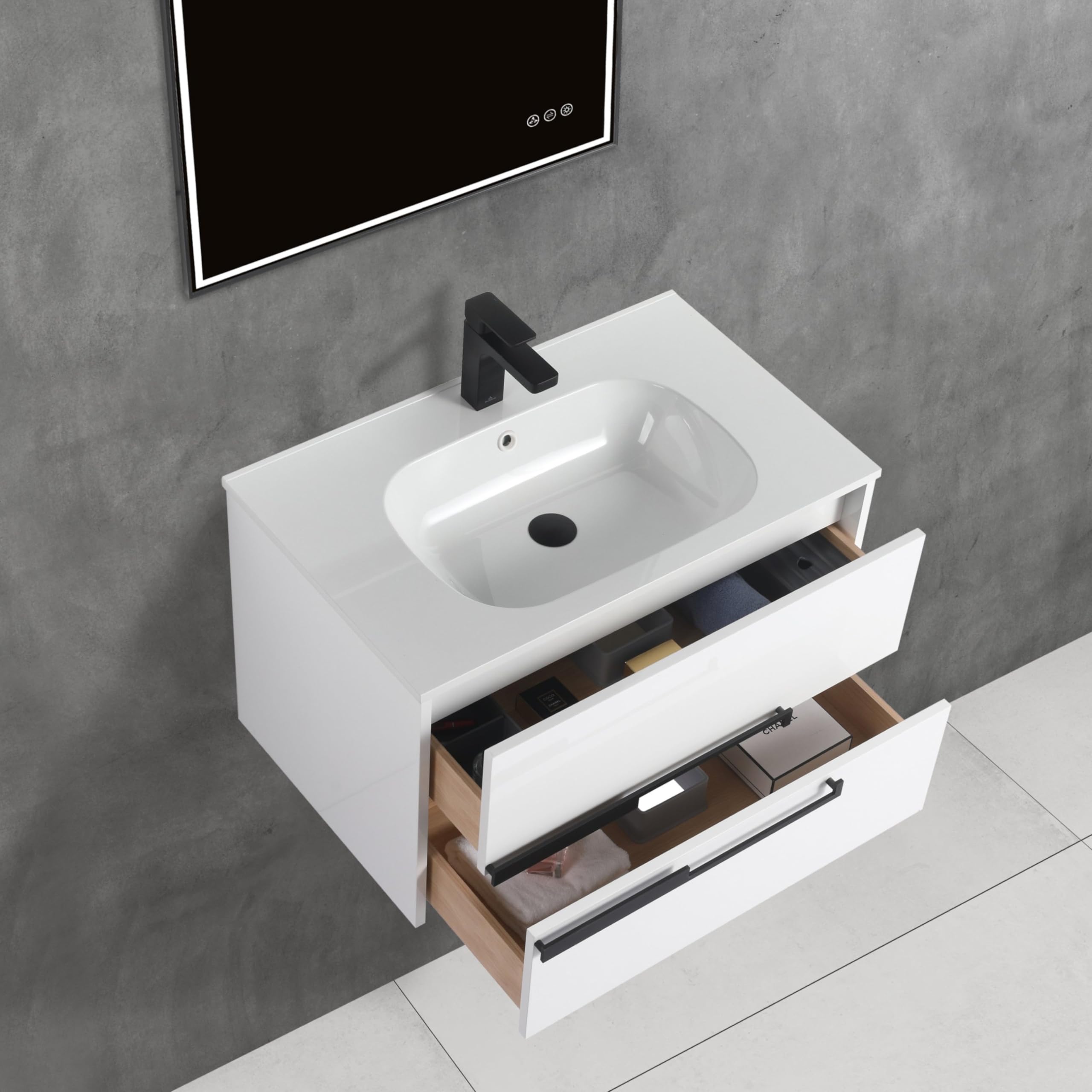 Blossom All-Wood Wall-Mounted Bathroom Vanity with SMC Sink, Floating Design with Soft-Close Drawers, Space-Saving Storage Solution for Modern Bathrooms, Glossy White - 30-Inch - Image 5