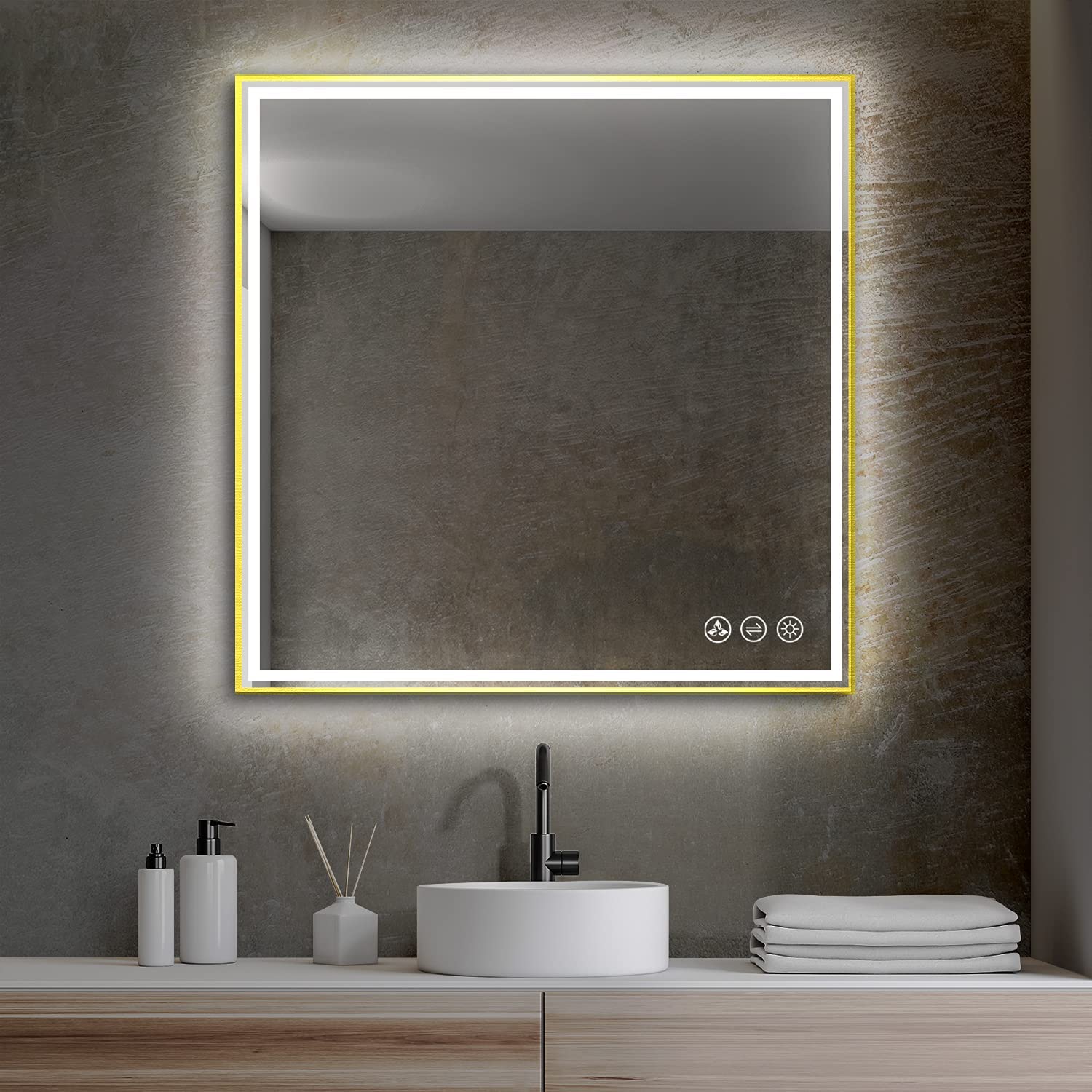 Blossom Luxury 36 Inch Square Gold Framed Bathroom Mirror with Lights - Dual Light LED Source - High CRI Dimmable Vanity Mirror - Hardwired Anti-Fog Tempered Glass Mirror for Master Suite - Image 7
