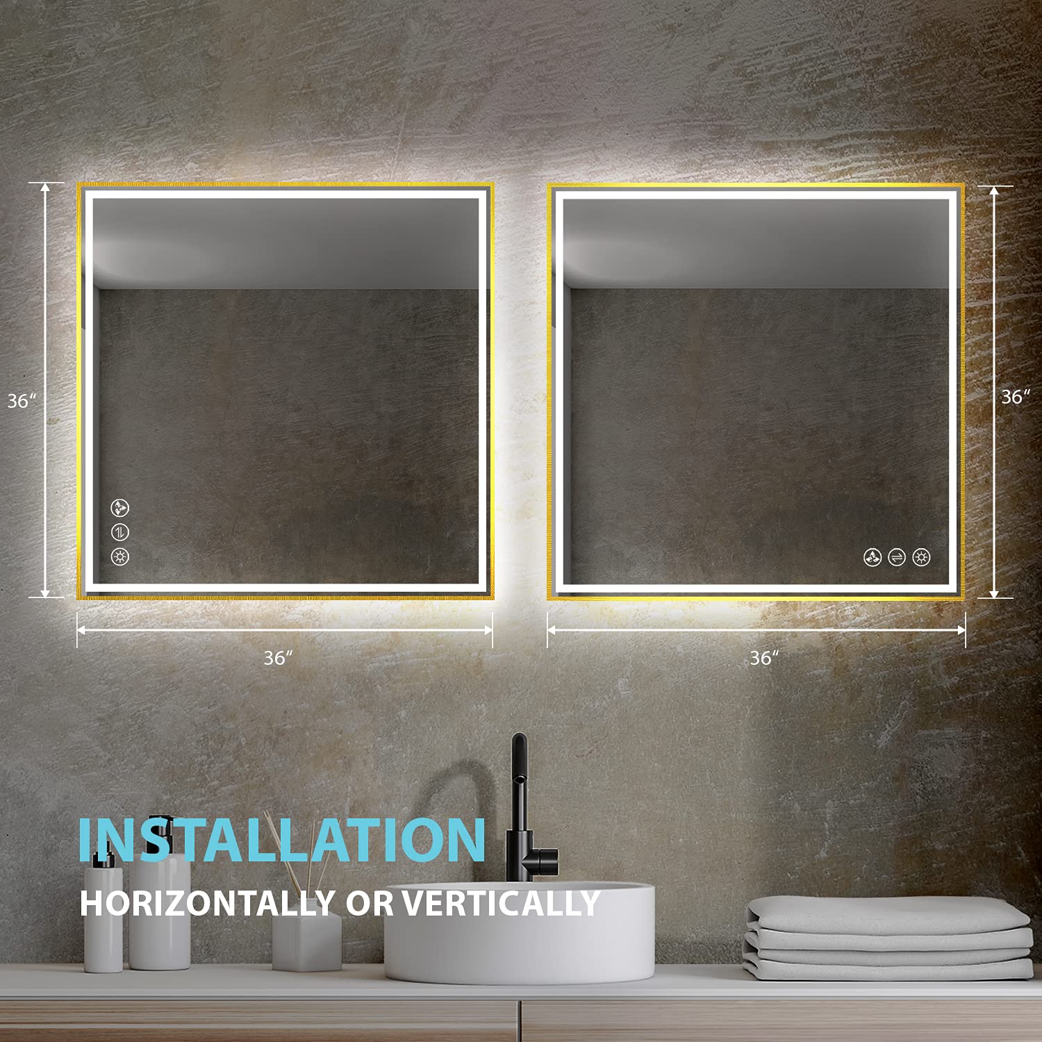 Blossom Luxury 36 Inch Square Gold Framed Bathroom Mirror with Lights - Dual Light LED Source - High CRI Dimmable Vanity Mirror - Hardwired Anti-Fog Tempered Glass Mirror for Master Suite - Image 8